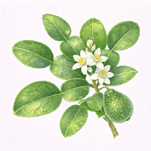 Lime Leaf - ใบมะกรูด (Bai Makrut) Lime Leaf (ใบมะกรูด (Bai Makrut)) Ghibli style botanical illustration