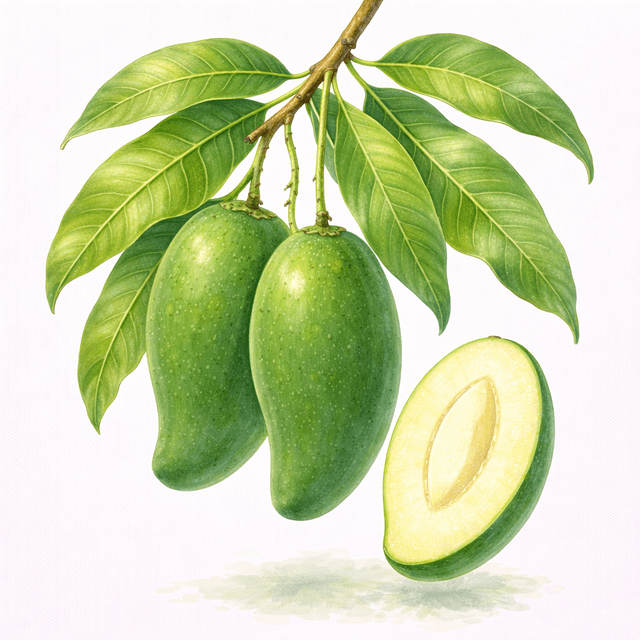 Mango - มะม่วง (Mamuang) Mango (มะม่วง (Mamuang)) Ghibli style botanical illustration