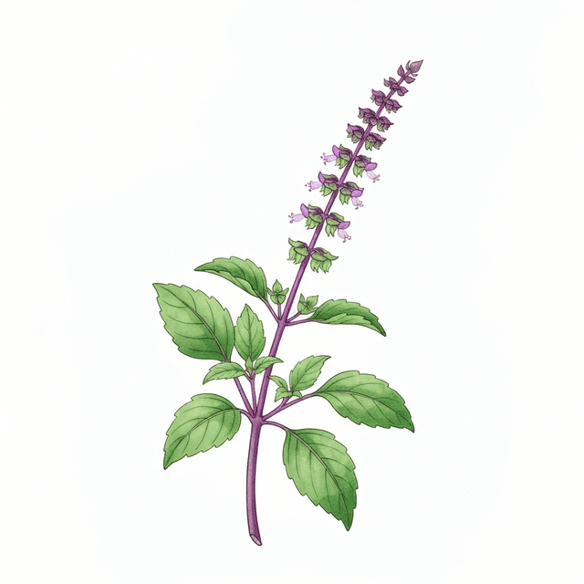 Thai Basil - ใบโหระพา (Bai Horapha) Thai Basil (ใบโหระพา (Bai Horapha)) Ghibli style botanical illustration